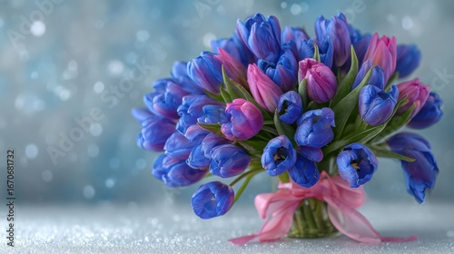 Vibrant bouquet of purple and pink tulips arranged elegantly with a soft ribbon, set against a dreamy blurred background, creating a serene and cheerful atmosphere