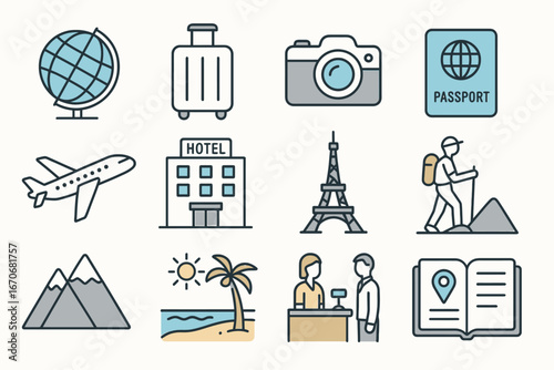 A set of vector icons for travel and tourism, including a globe, passport, camera, hotel, airplane, and famous landmarks
