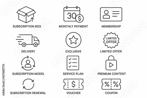 A set of vector icons for subscription services, including delivery, monthly payment, exclusive content, vouchers, and coupons