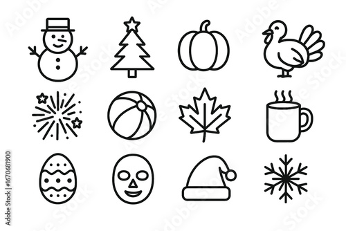A set of vector icons for seasons and holidays, including a snowman, turkey, beach ball, pumpkin, maple leaf, and a snowflake