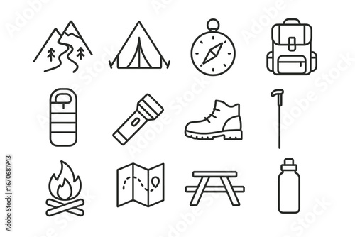A set of vector icons for camping and hiking essentials, including a tent, compass, backpack, sleeping bag, flashlight, and campfire