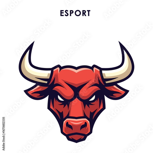 Red Bull Mascot in esports design: A striking depiction of a fierce, red bull mascot, designed with a modern, esports aesthetic. The bull's powerful stance and intense gaze symbolize strength.