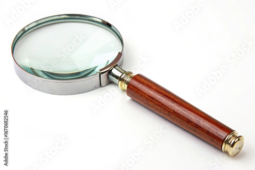 Classic magnifying glass with wooden handle on white background