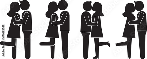 Four diverse couple silhouettes embracing and kissing tenderly isolated on white background silhouette