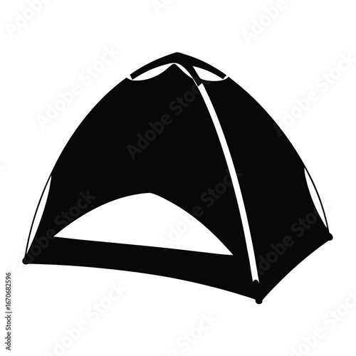 A simplistic black and white illustration of a camping tent isolated