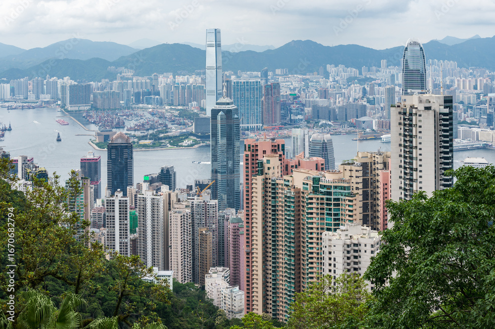 Obraz premium View of Hong Kong and Kowloon from Victoria peak. Panorama of Hong Kong, skyscrapers and nature.