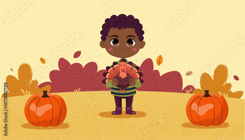 A black cute smiley boy wearing a striped sweater and wellington boots holds a turkey in his arms. Cozy flat cartoon thanksgiving scene. Autumn landscape.