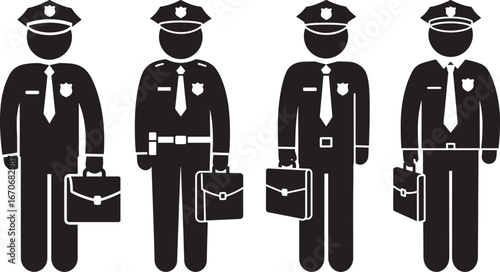 Four uniformed police officers in silhouette holding briefcases isolated on white background silhouette