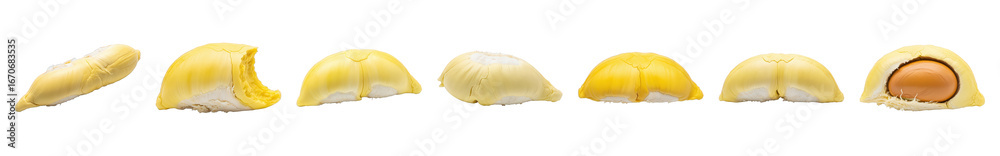 Naklejka premium Durian fruit set including yellow arils, segments, and one with a seed isolated. Tropical healthy food collection.