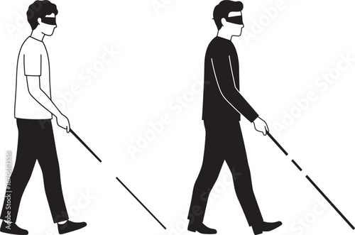 Two figures walking with canes one a detailed illustration and the other a silhouette isolated on white background