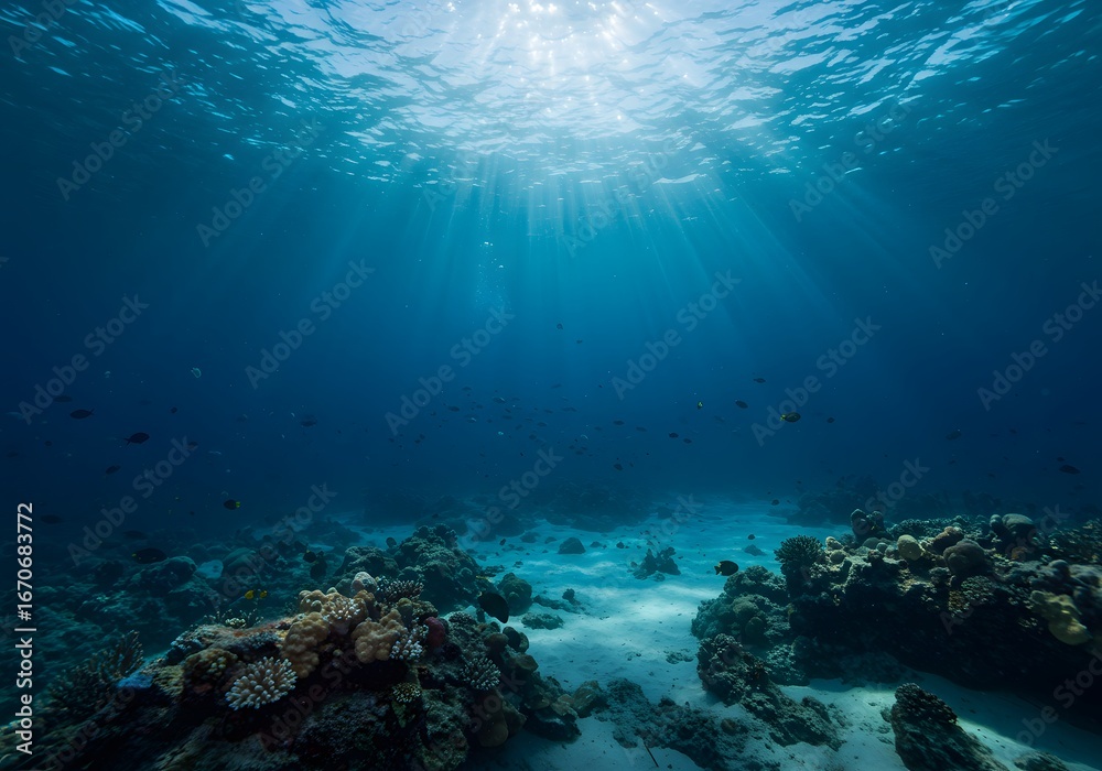 Fototapeta premium Underwater Ocean Scene Sunlight Rays, Corals, Marine Life, Blue Water, Ocean Floor, Underwater Photography.