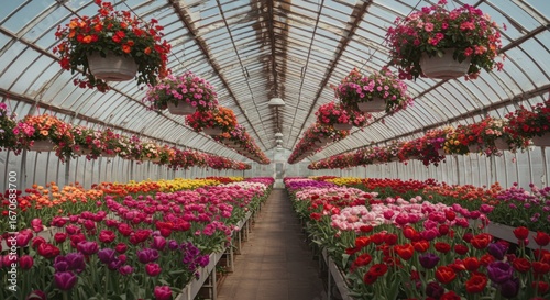 Vibrant Greenhouse Filled with Blooming Flowers