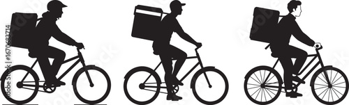 Three delivery people on bicycles with large insulated bags isolated on white background silhouette