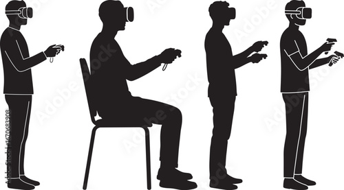 Four silhouettes of people using virtual reality headsets and controllers isolated on white background