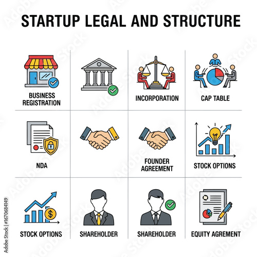 Startup legal and structure icons for business and finance