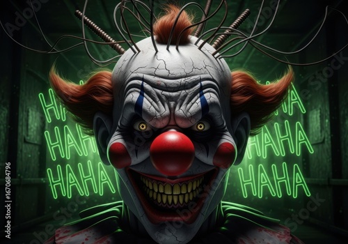 A terrifying clown with a sinister grin and glowing eyes, a portrait of pure horror and madness
