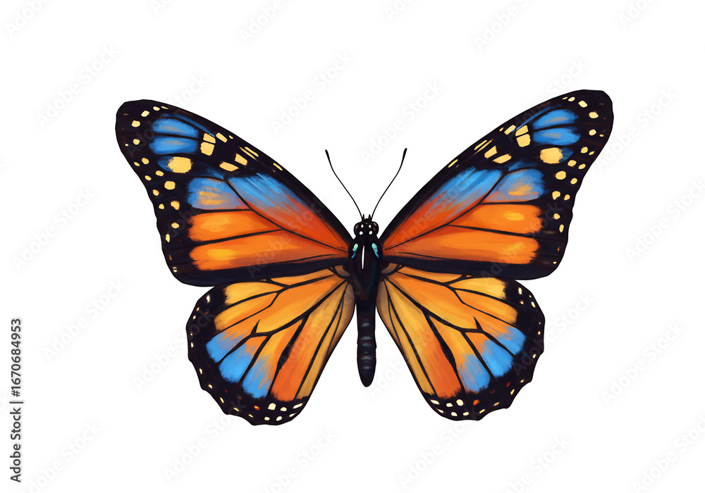 Fototapeta premium 鮮やかなオレンジとブルーの蝶、闇夜に舞う幻想的なイラスト