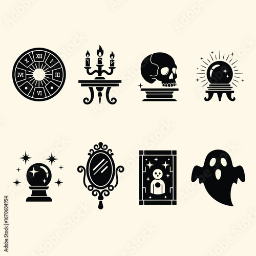 Collection of occult and spooky icons for halloween or mystical themes