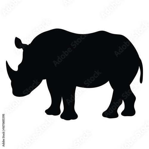 Isolated Black Silhouette of a Rhinoceros Standing on a White Background