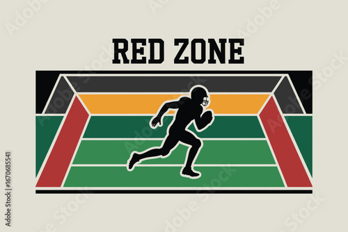 A football player silhouette running across a football field with the words red zone above it all
