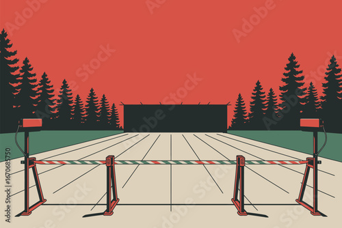 A stylized illustration of a barrier in front of a forest under a red sky with a dark structure back