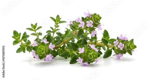 Close up of a thyme plant with small green leaves and tiny purple flowers on a white background