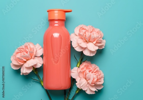 Coral bottle with pump, pink carnations, teal background, beauty product, floral, cosmetic, wellness.