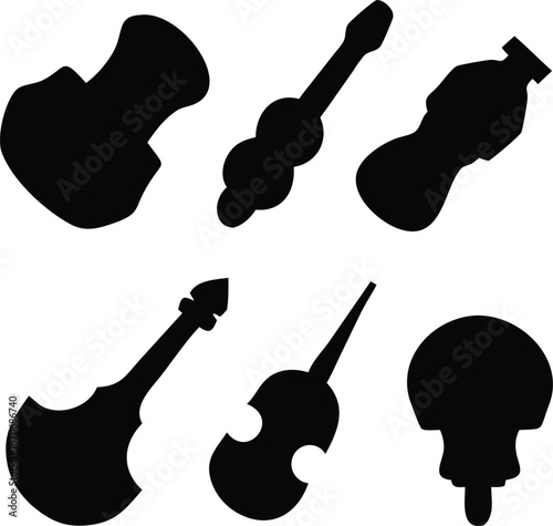 Collection of String Instruments in Silhouette Musical Instruments Representing Melody Strings Resonant Tones Compositional Arrangement Instrument Silhouettes