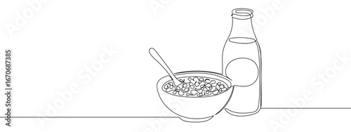 Continuous line hand drawn cereal and milk bottle breakfast editable stroke