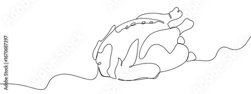 Continuous hand drawn line, whole roast chicken, editable strokes