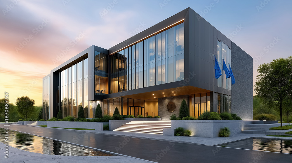 Fototapeta premium Modern headquarters stands out at sunrise with striking architecture and reflective glass. Calm water nearby enhances tranquil atmosphere