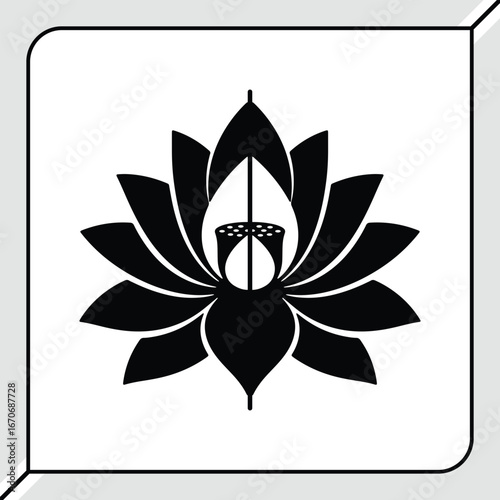 Black lotus flower symbol for yoga meditation and spiritual enlightenment isolated on white background