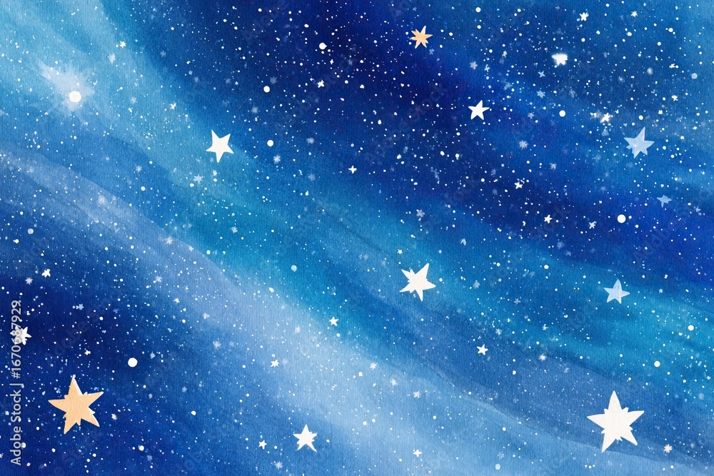 Naklejka premium Watercolor night sky painting featuring shining stars and blue nebulae