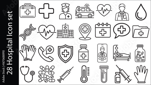 Medical & Hospital Line Icons, 28 Editable Healthcare Symbols, Minimalist UI Design Pack
