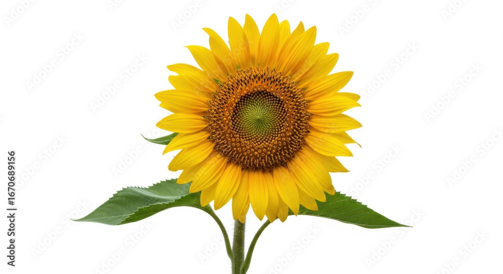 Fototapeta premium Vibrant sunflower in full bloom with bright yellow petals against a white background