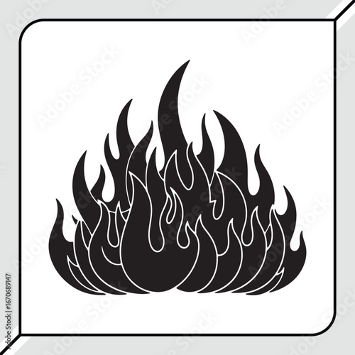 Bold black silhouette of a fierce fiery flame isolated on white background