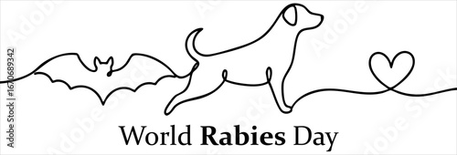 Minimalist line art celebrates World Rabies Day with a dog, bat, and heart.