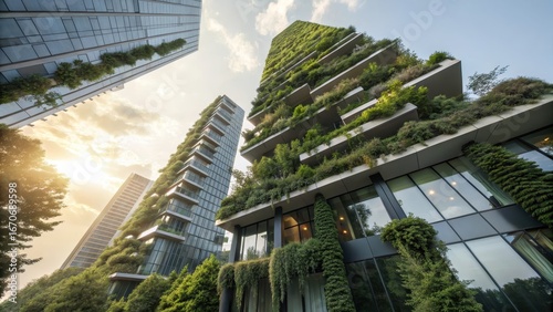 Modern skyscrapers covered in greenery, vertical gardens, ecofriendly architecture