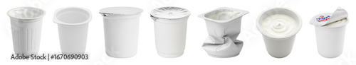 White yogurt cup set including sealed, open, empty, and crushed stages isolated. Dairy product packaging collection.
