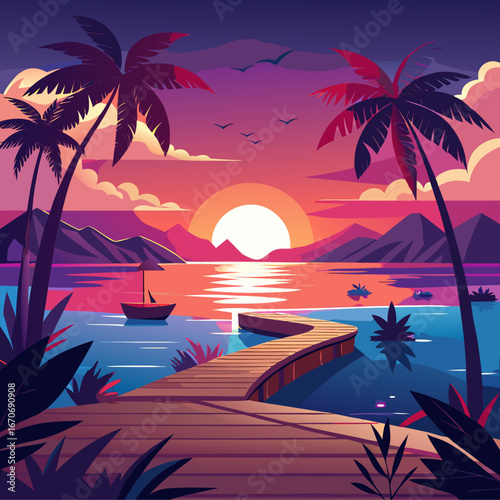 Tropical sunset over the ocean with a wooden pier and palm trees
