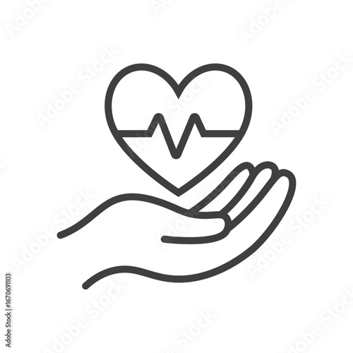 Hand holding a heart with heartbeat line icon symbolizing health care, wellness, and medical support. Perfect for healthcare projects.