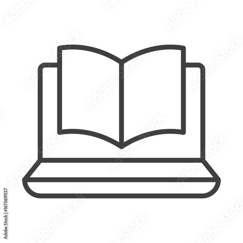 Open book on laptop icon symbolizing online education, digital learning, and e-library resources. Ideal for study and academic design.