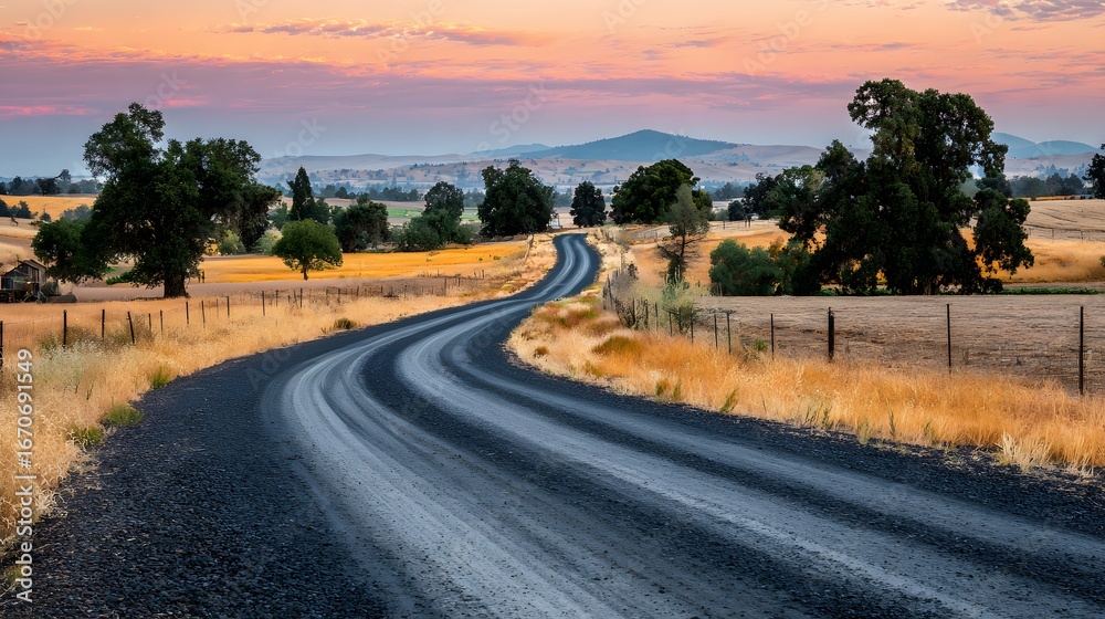 Fototapeta premium A winding country road stretches through golden fields at sunrise, painting a tranquil scene of rural beauty.