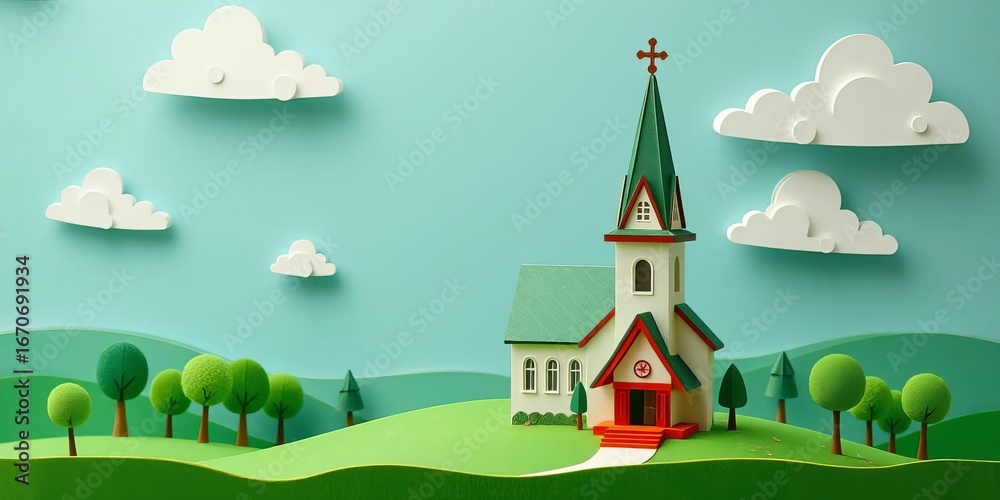 Fototapeta premium Charming paper cut church, green landscape, whimsical trees, fluffy clouds, serene scene, illustration, whimsical