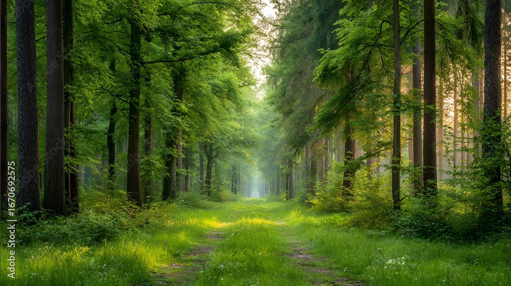 Obraz premium A sunlit forest path winds through a dense, verdant wood, bathed in soft morning light.