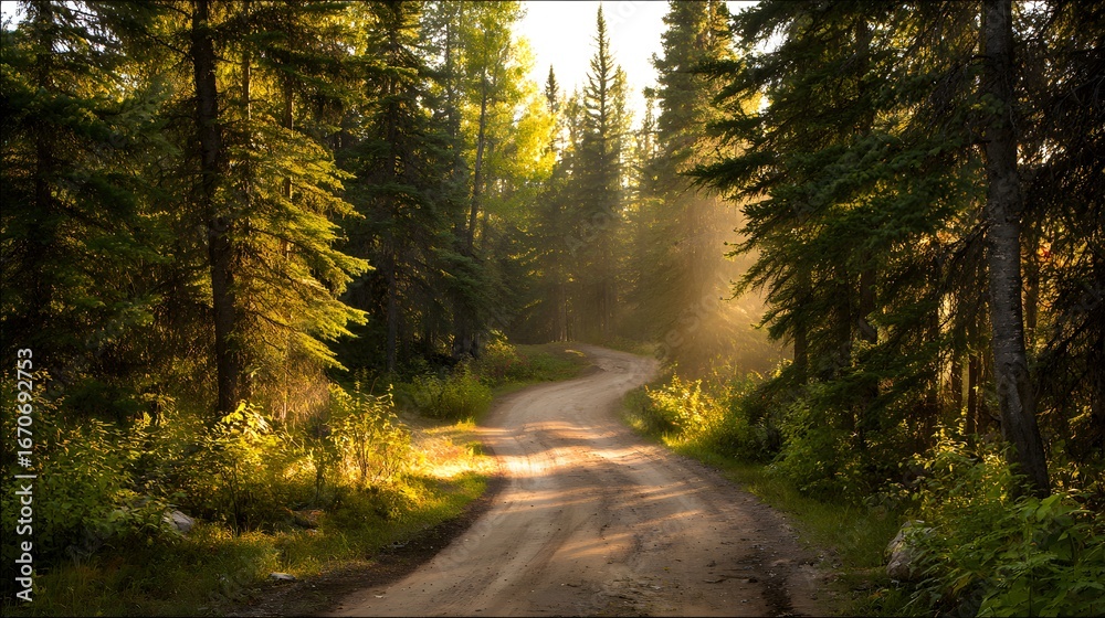 Obraz premium A sun-drenched forest path winds through the trees, bathed in golden light.