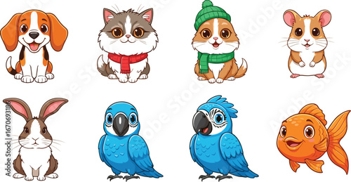 Adorable cartoon pet animals vector illustration featuring dog, cat, rabbit, hamster, parrot, and goldfish, cute character collection design.