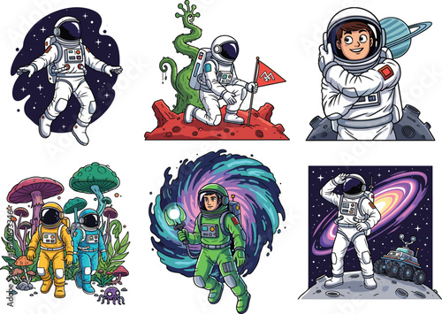 Cartoon Astronaut Vector Set Featuring Space Missions, Alien Landscapes, Flags, Galaxies, Cosmic Adventures, Colorful Suits, and Extraterrestrial Exploration Scenes