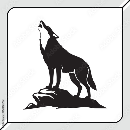 Majestic wolf howling on rocky outcrop silhouette art isolated on white background
