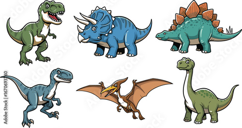 Cartoon dinosaur vector set featuring colorful prehistoric species for kids education, fun animal characters, isolated illustration, Jurassic theme design